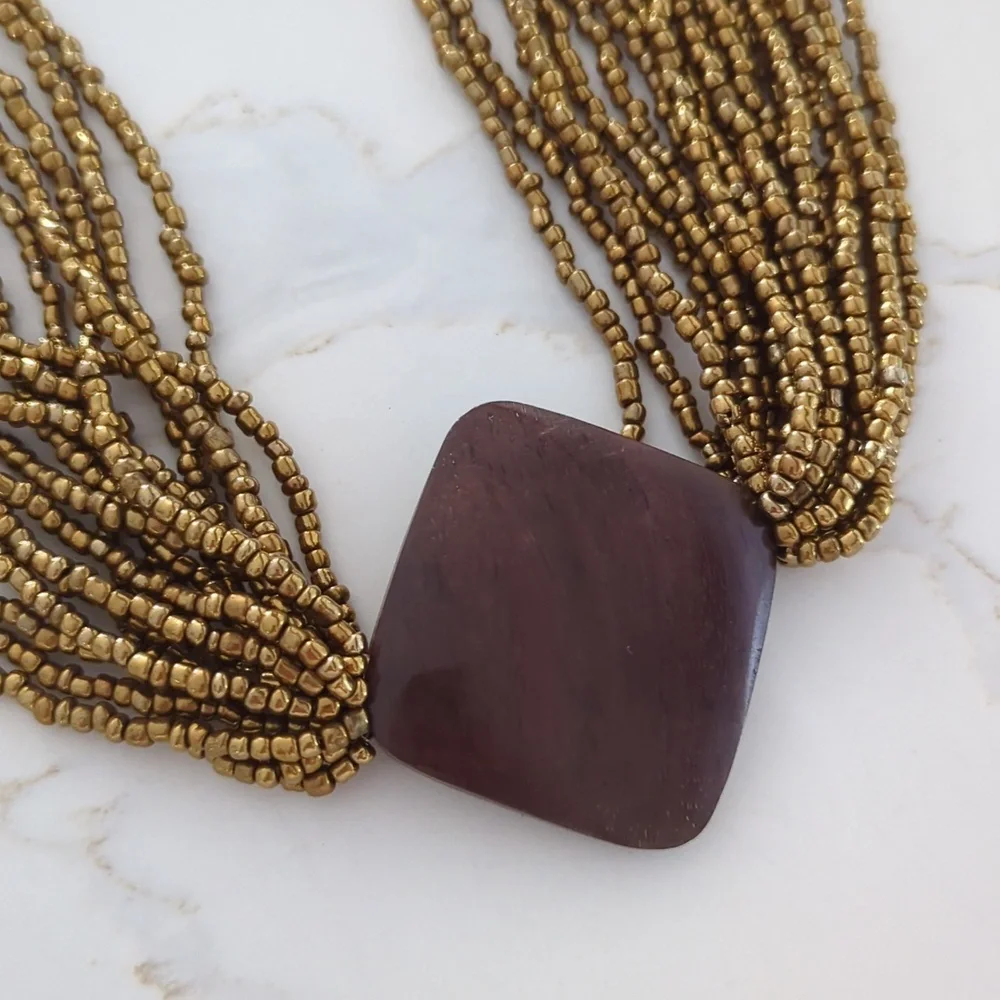 Gold Beaded Necklace with Brown Pendant - Picture 4 of 4